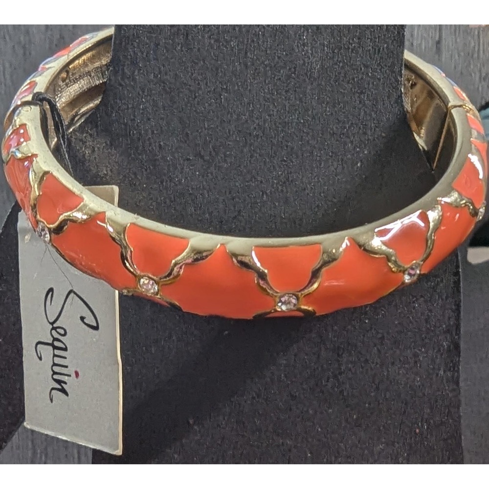 NWT Sequin Bangle Bracelet Orange Blush Enamel Gold Plated Rhinestone Hinged